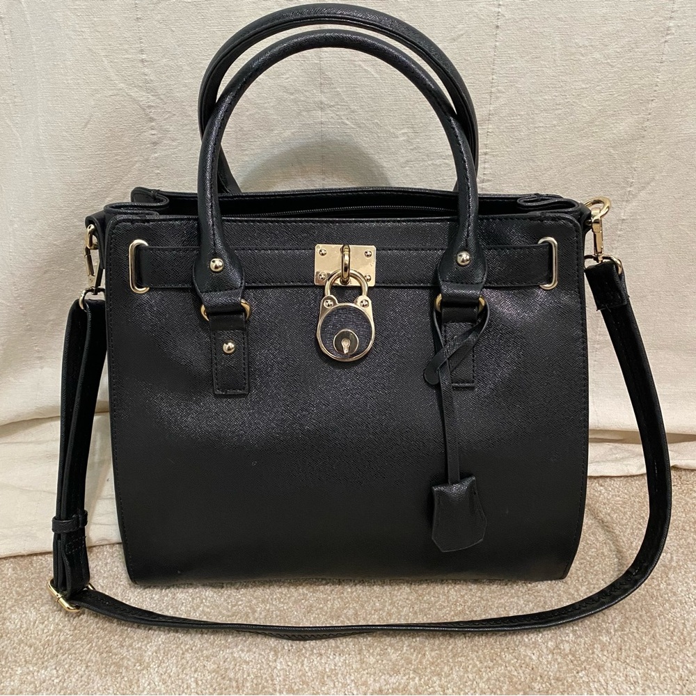 Designer Inspired Black Vegan Leather Handbag With Gold Hardware